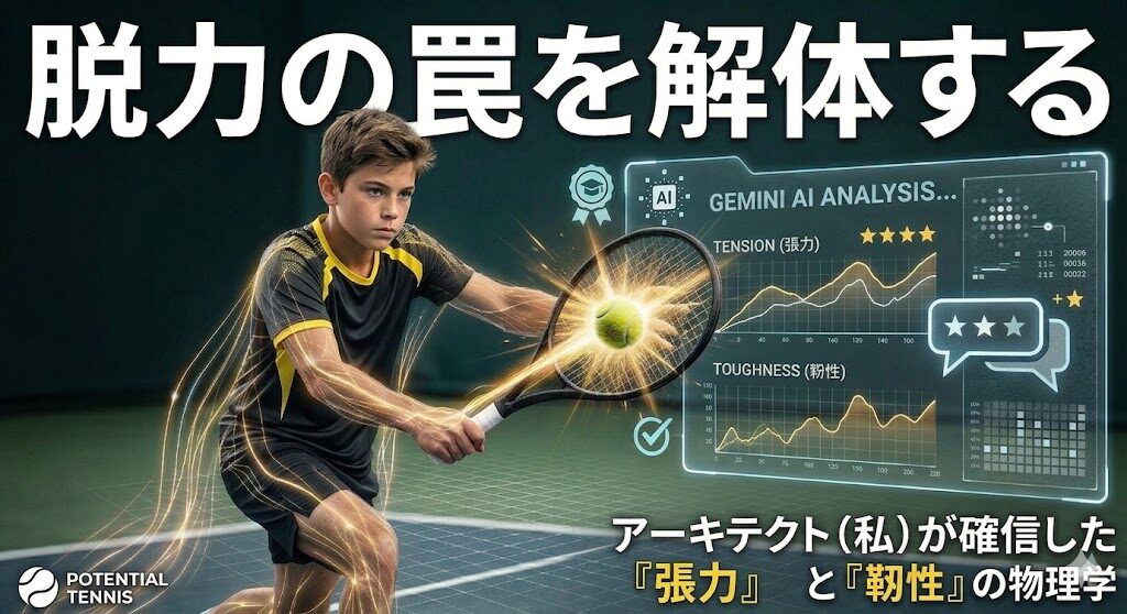 テニスコートを背景に、ダイナミックなポーズでラケットを振る男子ジュニア選手を描いたインフォグラフィック。選手の身体からは、エネルギーの流れを表す発光するラインが伸びています。上部には大きな白い文字で「脱力の罠を解体する」と書かれ、右下には「アーキテクト（私）が確信した 『張力』 と 『靭性』 の物理学」というテキストがあります。右側には、AIによる分析を示す半透明のホログラフィックディスプレイが表示されており、「TENSION（張力）」と「TOUGHNESS（靭性）」のグラフ、星評価、チャットアイコンが確認できます。左下隅には「POTENTIAL TENNIS」のロゴが配置されています。