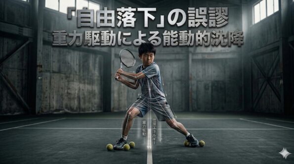 重厚なインドアコートで、ジュニアテニス選手がラケットを構え「能動的沈降（Active Sink）」を行っている姿勢。身体には張力構造を示すグリッド線が重なり、下方向への「重心」および「重力駆動」のベクトルと、足元から生じる「床反力」の矢印がバイオメカニクス的に描かれている。単なる脱力（墜落）ではなく、構造を保ったまま位置エネルギーを推進力へ変換する物理的プロセスを視覚化したグラフィック。