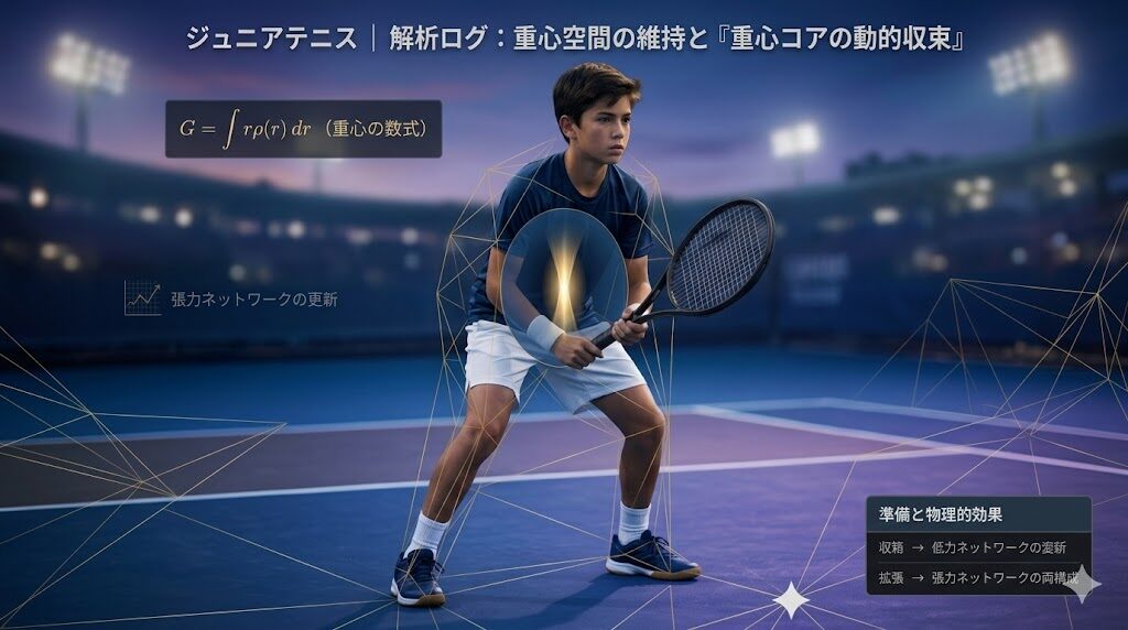 夜のテニスコートで構えるジュニア選手をモデルに、重心を空間領域として捉え「重心コア」を動的に収束させる物理理論を視覚化したアイキャッチ画像。画面上部には解析ログのタイトル、左には重心の積分数式、全身を覆う張力ネットワークの幾何学ライン、右下には準備と物理的効果の凡例が配置された、情報の密度と重厚感のある設計図。