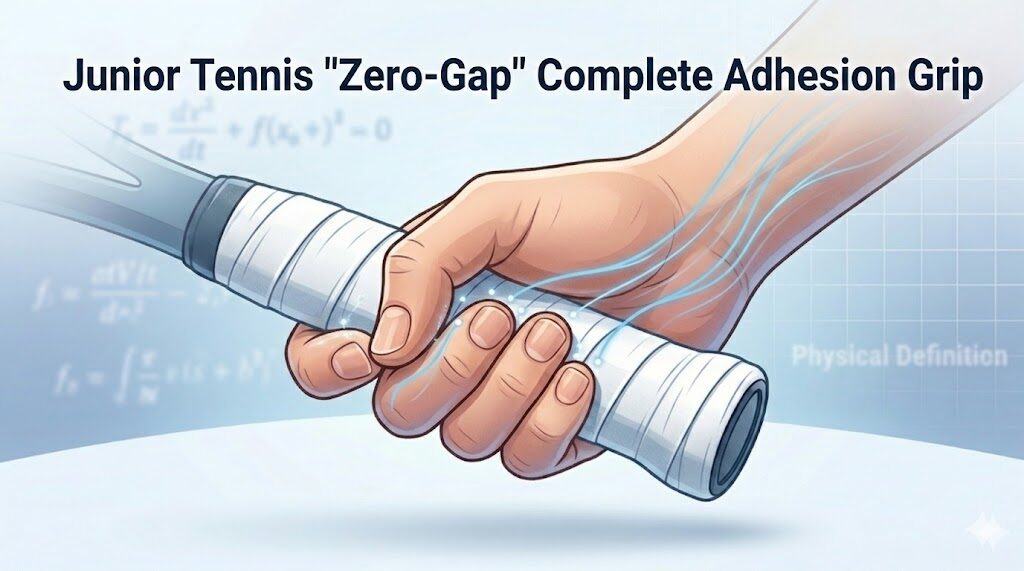 An illustrative diagram showing a junior player's hand achieving the "Zero-Gap" Complete Adhesion Grip on a tennis racket, featuring a glowing blue kinetic energy circuit and the text "Junior Tennis 'Zero-Gap' Complete Adhesion Grip - Physical Definition."