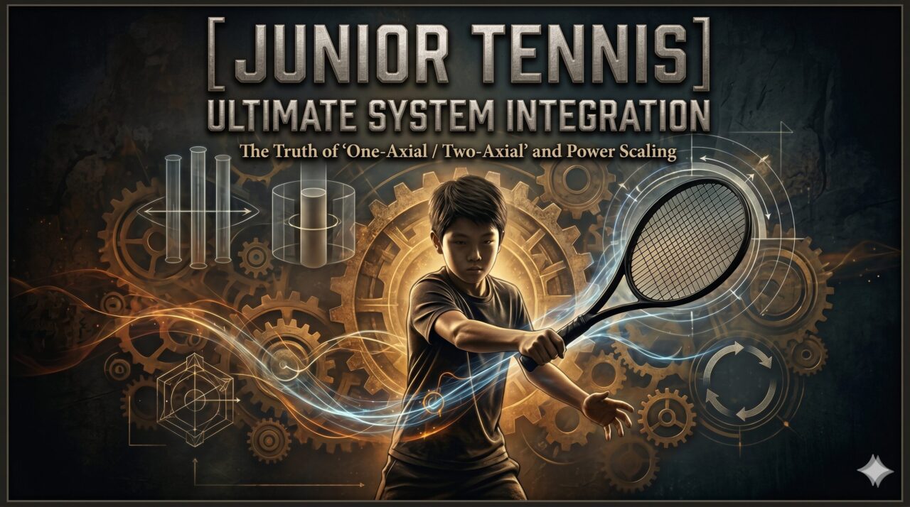 A high-resolution, cinematic conceptual illustration for "Junior Tennis | Ultimate System Integration." The image features a young Asian male tennis player in a focused mid-swing posture, surrounded by glowing golden mechanical gears and translucent 3D diagrams illustrating the "One-Axial / Two-Axial" physical theory. The background is dark and gritty with a heavy, professional atmosphere. Prominent metallic text at the top reads "[JUNIOR TENNIS] ULTIMATE SYSTEM INTEGRATION" and "The Truth of ‘One-Axial / Two-Axial’ and Power Scaling."