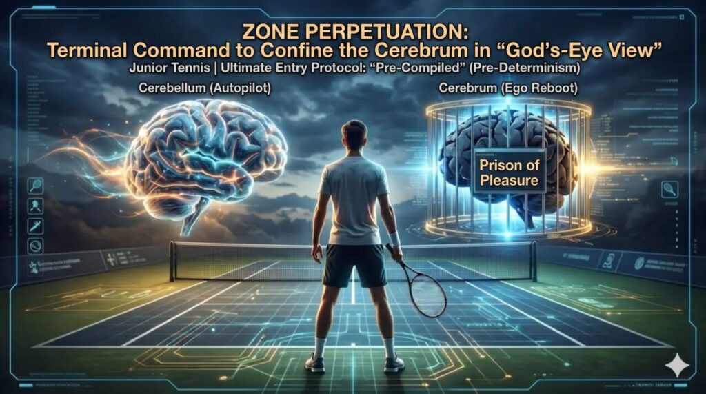 A futuristic tennis court visualization showing a junior player from behind, flanked by two large brains. The left brain is labeled "Cerebellum (Autopilot)" with glowing neural energy, and the right brain is labeled "Cerebrum (Ego Reboot)" and is confined within a golden cage labeled "Prison of Pleasure." The text at the top reads "ZONE PERPETUATION: Terminal Command to Confine the Cerebrum in God’s-Eye View," representing the ultimate state of mental focus and physical automation.