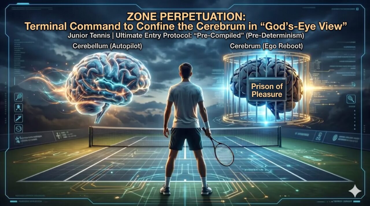 A futuristic tennis court visualization showing a junior player from behind, flanked by two large brains. The left brain is labeled "Cerebellum (Autopilot)" with glowing neural energy, and the right brain is labeled "Cerebrum (Ego Reboot)" and is confined within a golden cage labeled "Prison of Pleasure." The text at the top reads "ZONE PERPETUATION: Terminal Command to Confine the Cerebrum in God’s-Eye View," representing the ultimate state of mental focus and physical automation.