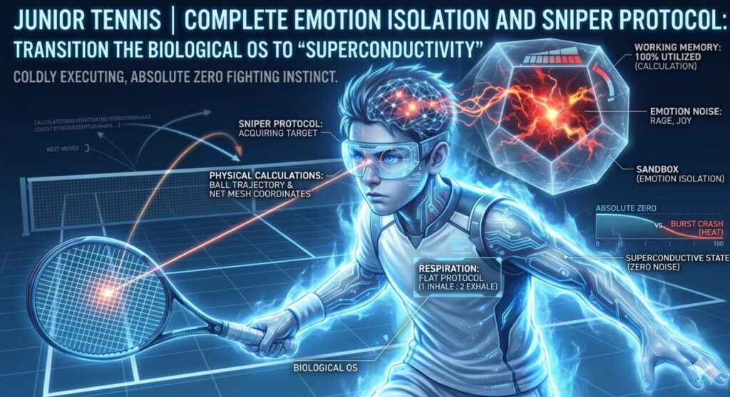 A futuristic educational graphic of a junior tennis player in a "Superconductive State," showing a glowing blue biological OS interface over his body. A technical callout identifies "SNIPER PROTOCOL: ACQUIRING TARGET," with visual focus on "PHYSICAL CALCULATIONS: BALL TRAJECTORY & NET MESH COORDINATES." To the right, a "SANDBOX" prism confines "EMOTION NOISE: RAGE, JOY," isolating them from the player's "WORKING MEMORY," which is "100% UTILIZED" for calculation. A graph compares "BURST CRASH (HEAT)" against "SUPERCONDUCTIVE STATE (ZERO NOISE)," while a "RESPIRATION: FLAT PROTOCOL" label monitors his breathing for absolute emotional control.