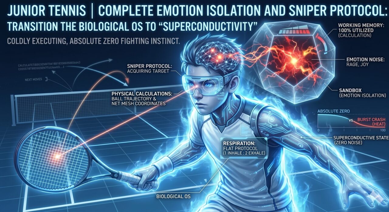 A futuristic educational graphic of a junior tennis player in a "Superconductive State," showing a glowing blue biological OS interface over his body. A technical callout identifies "SNIPER PROTOCOL: ACQUIRING TARGET," with visual focus on "PHYSICAL CALCULATIONS: BALL TRAJECTORY & NET MESH COORDINATES." To the right, a "SANDBOX" prism confines "EMOTION NOISE: RAGE, JOY," isolating them from the player's "WORKING MEMORY," which is "100% UTILIZED" for calculation. A graph compares "BURST CRASH (HEAT)" against "SUPERCONDUCTIVE STATE (ZERO NOISE)," while a "RESPIRATION: FLAT PROTOCOL" label monitors his breathing for absolute emotional control.