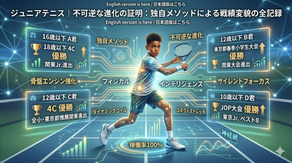 未来的なテニスコートの中央で、デジタル回路の光を纏ったジュニア選手がダイナミックにプレーする様子を描いたインフォグラフィック画像。画像内には「独自メソッドによる戦績変貌」として4つのケーススタディの優勝実績、関東大会進出の戦績、および「骨盤エンジン強化」「サイレントフォーカス」などの技術用語がデータパネルのように配置されている。