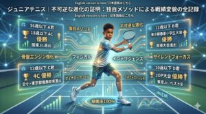 未来的なテニスコートの中央で、デジタル回路の光を纏ったジュニア選手がダイナミックにプレーする様子を描いたインフォグラフィック画像。画像内には「独自メソッドによる戦績変貌」として4つのケーススタディの優勝実績、関東大会進出の戦績、および「骨盤エンジン強化」「サイレントフォーカス」などの技術用語がデータパネルのように配置されている。