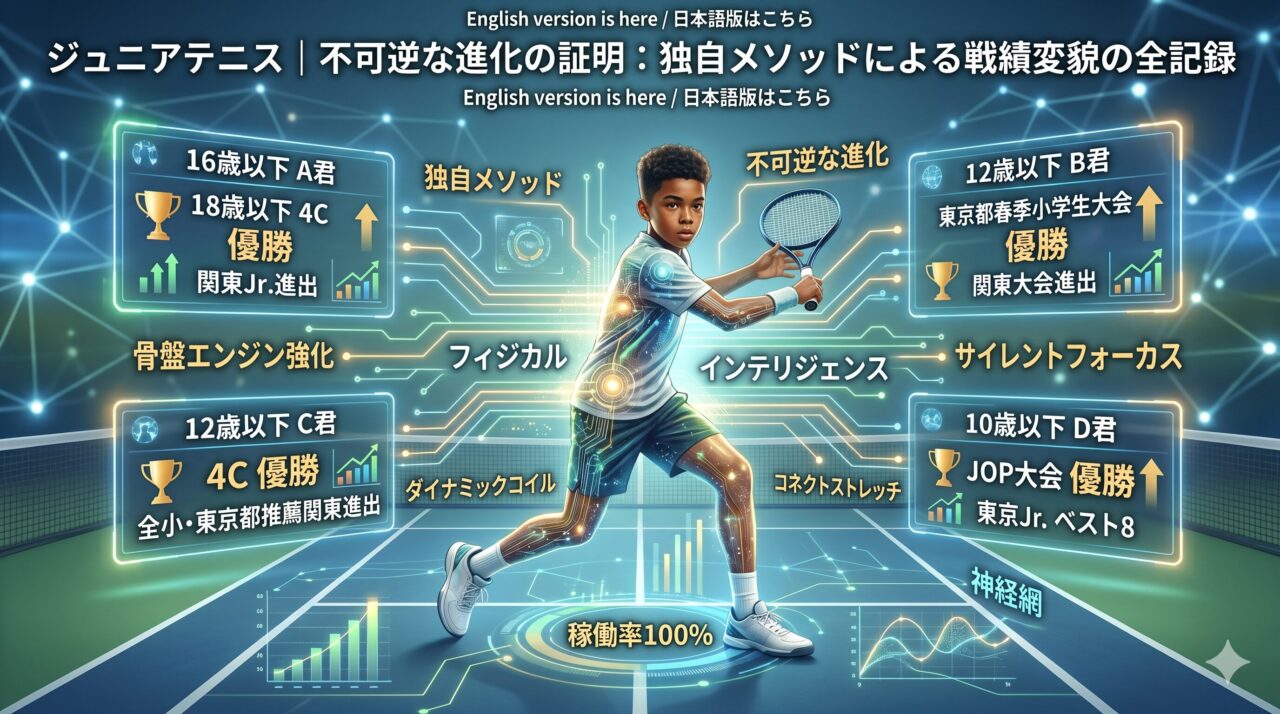 未来的なテニスコートの中央で、デジタル回路の光を纏ったジュニア選手がダイナミックにプレーする様子を描いたインフォグラフィック画像。画像内には「独自メソッドによる戦績変貌」として4つのケーススタディの優勝実績、関東大会進出の戦績、および「骨盤エンジン強化」「サイレントフォーカス」などの技術用語がデータパネルのように配置されている。