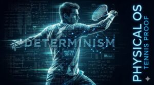 サイバーパンク調のホログラムグリッドが映し出されたテニスコートで、ラケットを振る男性選手の背後からのダイナミックなクローズアップ。背景には数理方程式やデジタルデータコードが流れており、画面右側には「PHYSICAL OS」「TENNIS PROOF」、中央には「DETERMINISM」「MASTER OS 1.1」の未来的な青いテキストが配置されている。