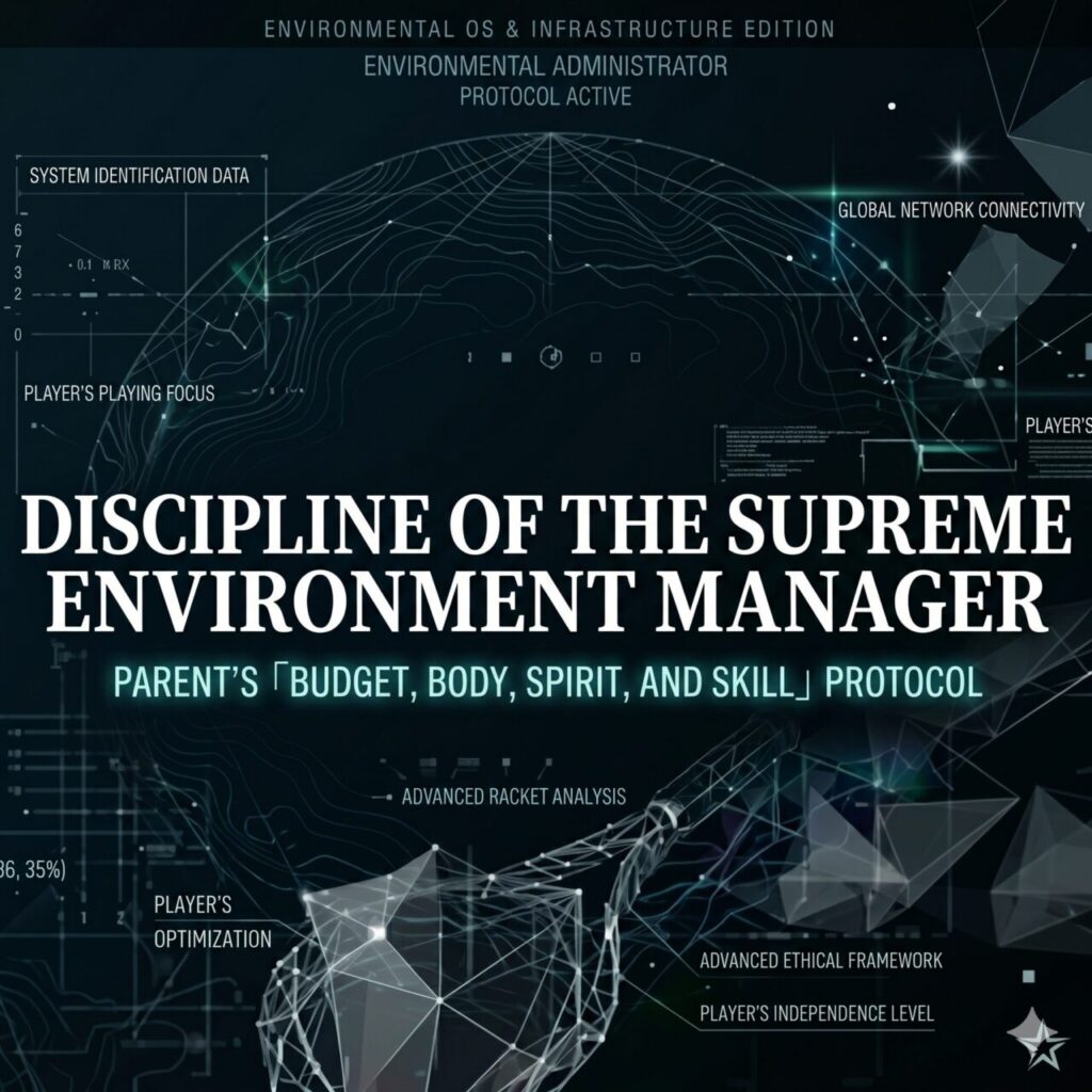 A high-tech digital interface titled "ENVIRONMENT OS & INFRASTRUCTURE EDITION," displaying the core governing framework for junior tennis development. The central bold text reads "DISCIPLINE OF THE SUPREME ENVIRONMENT MANAGER," underscored by the "PARENT'S 「BUDGET, BODY, SPIRIT, AND SKILL」 PROTOCOL." The dark, futuristic HUD features wireframe globe graphics and data visualizations, including "PLAYER'S PLAYING FOCUS," "ADVANCED RACKET ANALYSIS," "ADVANCED ETHICAL FRAMEWORK," and "PLAYER'S INDEPENDENCE LEVEL." This visual terminal represents the absolute, noise-free infrastructure managed by the parent to ensure the irreversible evolution of the unique player's biological OS.