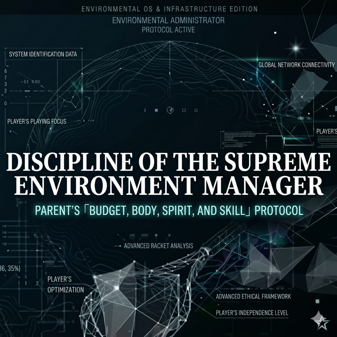 A high-tech digital interface titled "ENVIRONMENT OS & INFRASTRUCTURE EDITION," displaying the core governing framework for junior tennis development. The central bold text reads "DISCIPLINE OF THE SUPREME ENVIRONMENT MANAGER," underscored by the "PARENT'S 「BUDGET, BODY, SPIRIT, AND SKILL」 PROTOCOL." The dark, futuristic HUD features wireframe globe graphics and data visualizations, including "PLAYER'S PLAYING FOCUS," "ADVANCED RACKET ANALYSIS," "ADVANCED ETHICAL FRAMEWORK," and "PLAYER'S INDEPENDENCE LEVEL." This visual terminal represents the absolute, noise-free infrastructure managed by the parent to ensure the irreversible evolution of the unique player's biological OS.