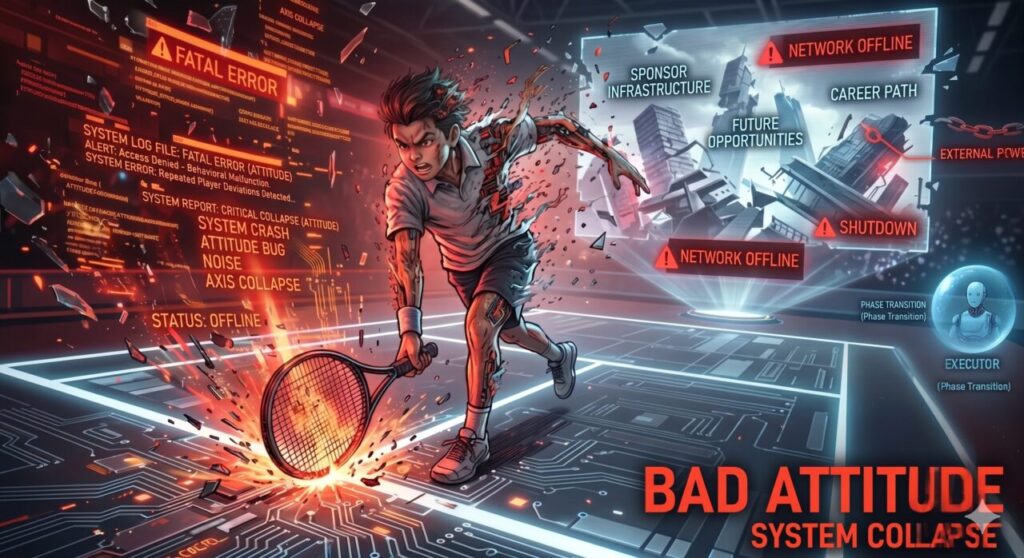 A dramatic illustration of a junior tennis player's body fracturing like a breaking machine on a high-tech digital court. The player is smashing a racket, triggering red "FATAL ERROR" and "SYSTEM CRASH" warnings. To the left, digital logs show "AXIS COLLAPSE" and "ATTITUDE BUG." To the right, a holographic display shows buildings crumbling under labels like "SPONSORSHIP INFRASTRUCTURE" and "FUTURE OPPORTUNITIES," marked with "NETWORK OFFLINE" and "SHUTDOWN" alerts. A calm robot icon labeled "EXECUTOR (Phase Transition)" stands in contrast on the side, representing the controlled alternative.