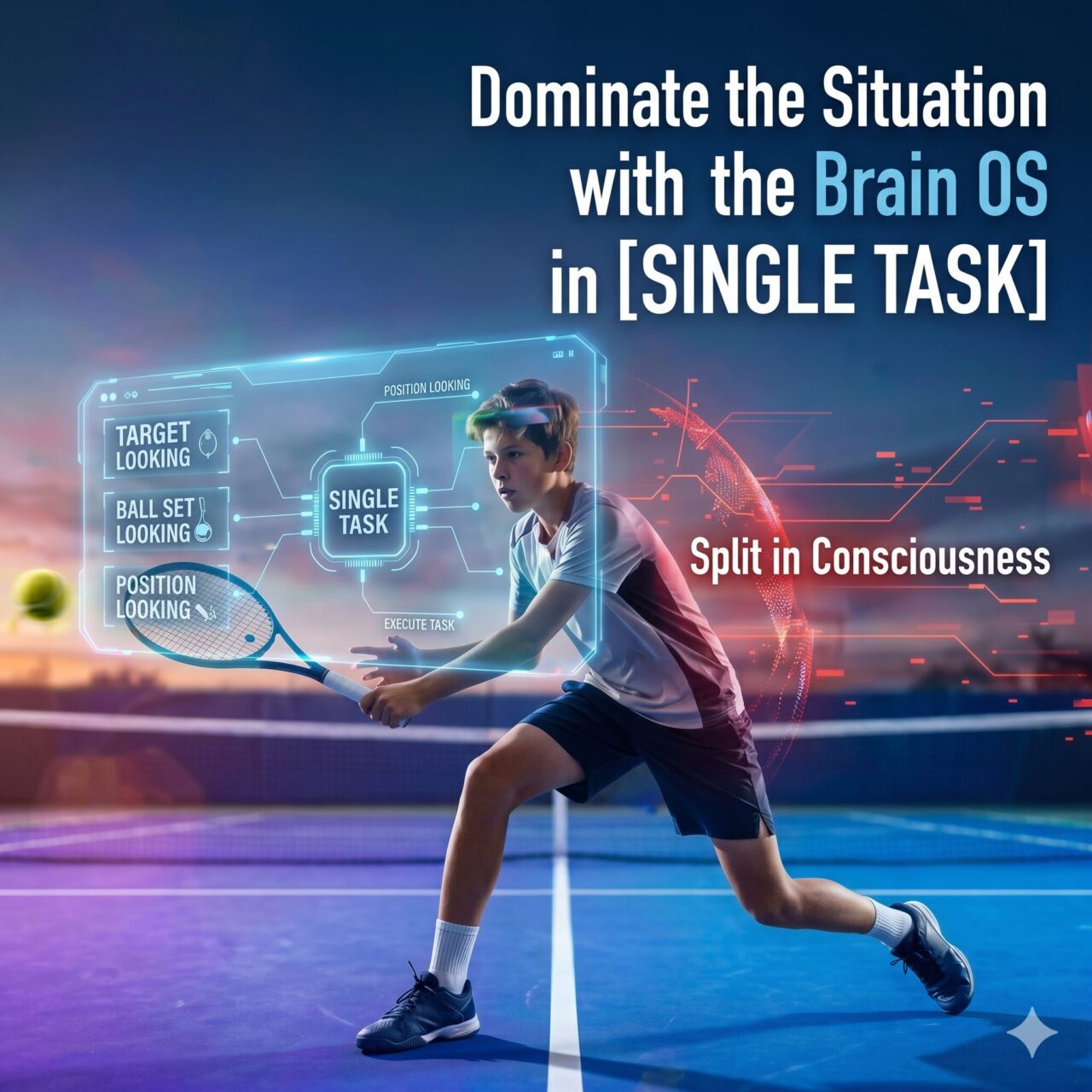 A high-tech illustration of a junior tennis player in mid-action on a vibrant blue court, with a transparent digital HUD (Heads-Up Display) overlaying the scene. The HUD highlights the "SINGLE TASK" protocol, showing active data streams for "TARGET LOOKING," "BALL SET LOOKING," and "POSITION LOOKING" as he prepares for a shot. A red, unstable energy field to the side is labeled "Split in Consciousness," representing the fatal interrupt of victory-induced noise. The main title reads "Dominate the Situation with the Brain OS in [SINGLE TASK]," emphasizing the total immersion in physical calculation required to finish a match.