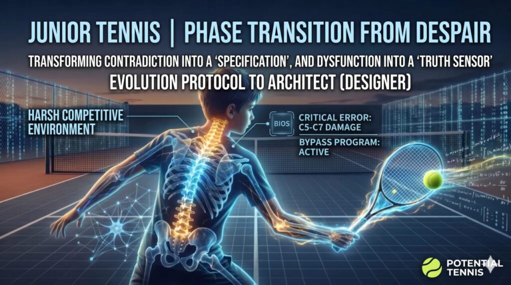 A tennis-themed educational graphic showing a junior player's skeletal structure with a highlighted spine. A technical callout identifies "CRITICAL ERROR: C5-C7 DAMAGE" at the neck, while another label confirms "BYPASS PROGRAM: ACTIVE." The background features a tennis court surrounded by digital code, representing a "HARSH COMPETITIVE ENVIRONMENT." The top text reads "JUNIOR TENNIS | PHASE TRANSITION FROM DESPAIR," symbolizing the transformation of physical dysfunction into a "TRUTH SENSOR" through an evolution protocol to becoming an "ARCHITECT."