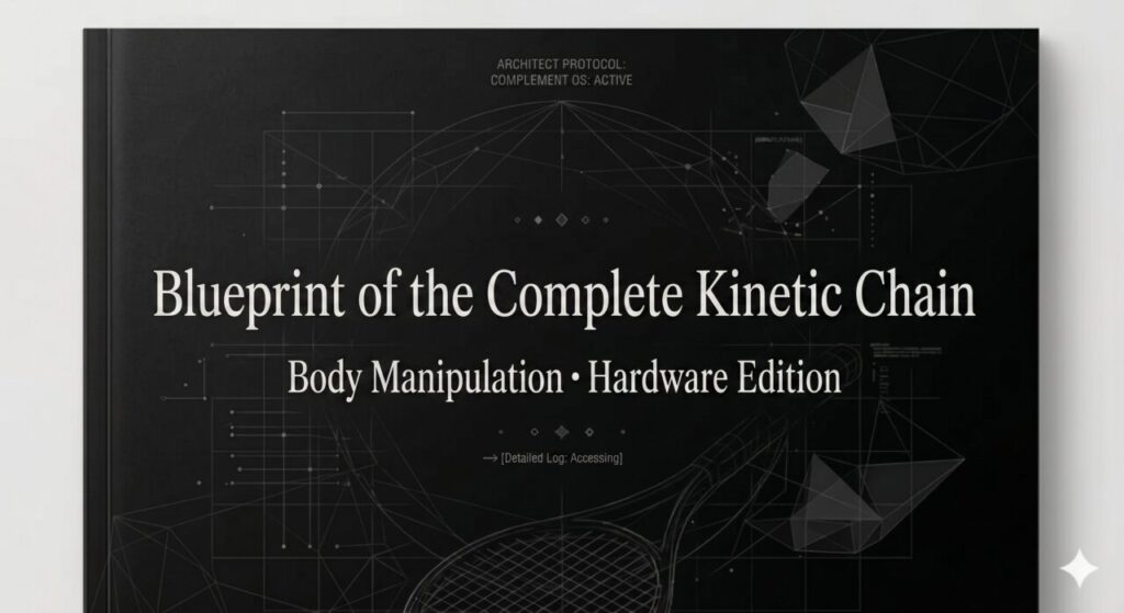 A detailed view of a sophisticated cover for a technical manual, rendered in a deep black color with intricate white line-art diagrams and Japanese text. The background features a complex wireframe of a futuristic globe structure and multiple geometric polyhedrons. The main text, in large characters, translates from Japanese to "Blueprint for the Perfect Kinetic Chain." Below it, a subtitle reads "Body Manipulation · Hardware Edition." Smaller text at the top includes the words "ARCHITECT PROTOCOL:" with the Japanese text translated to "[Auxiliary OS: ACTIVE]". At the bottom, a detailed line-art drawing of a tennis racket is visible, accompanied by text that translates to "→ [Detailed Log: Accessing]". The overall tone is technical and meticulous.