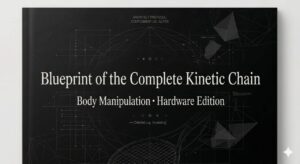 A detailed view of a sophisticated cover for a technical manual, rendered in a deep black color with intricate white line-art diagrams and Japanese text. The background features a complex wireframe of a futuristic globe structure and multiple geometric polyhedrons. The main text, in large characters, translates from Japanese to "Blueprint for the Perfect Kinetic Chain." Below it, a subtitle reads "Body Manipulation · Hardware Edition." Smaller text at the top includes the words "ARCHITECT PROTOCOL:" with the Japanese text translated to "[Auxiliary OS: ACTIVE]". At the bottom, a detailed line-art drawing of a tennis racket is visible, accompanied by text that translates to "→ [Detailed Log: Accessing]". The overall tone is technical and meticulous.