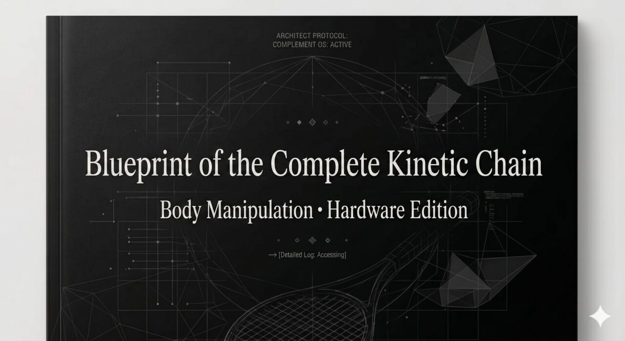 A detailed view of a sophisticated cover for a technical manual, rendered in a deep black color with intricate white line-art diagrams and Japanese text. The background features a complex wireframe of a futuristic globe structure and multiple geometric polyhedrons. The main text, in large characters, translates from Japanese to "Blueprint for the Perfect Kinetic Chain." Below it, a subtitle reads "Body Manipulation · Hardware Edition." Smaller text at the top includes the words "ARCHITECT PROTOCOL:" with the Japanese text translated to "[Auxiliary OS: ACTIVE]". At the bottom, a detailed line-art drawing of a tennis racket is visible, accompanied by text that translates to "→ [Detailed Log: Accessing]". The overall tone is technical and meticulous.
