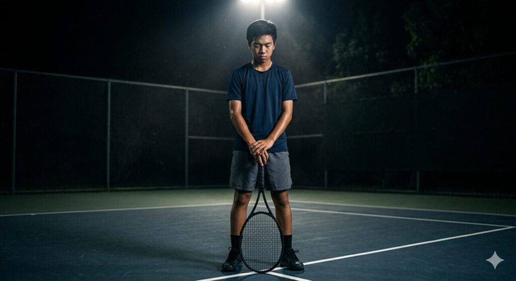A junior tennis player standing under a spotlight at night with his head down, illustrating 「Hardware Instability」 and 「Postural Collapse」 as precursors to 「Thermal Runaway」. A high-contrast, cinematic image capturing the critical signals of emotional and physical overload in junior development.