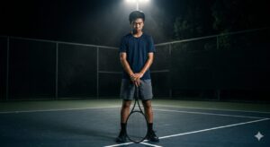 夜のテニスコートでスポットライトを浴び、うつむき加減で立ち尽くすジュニアテニス選手。感情の「熱暴走」へ至る手前の「ハードウェアの不安定化（姿勢の崩れ）」を表現した、重厚感のあるイメージ。