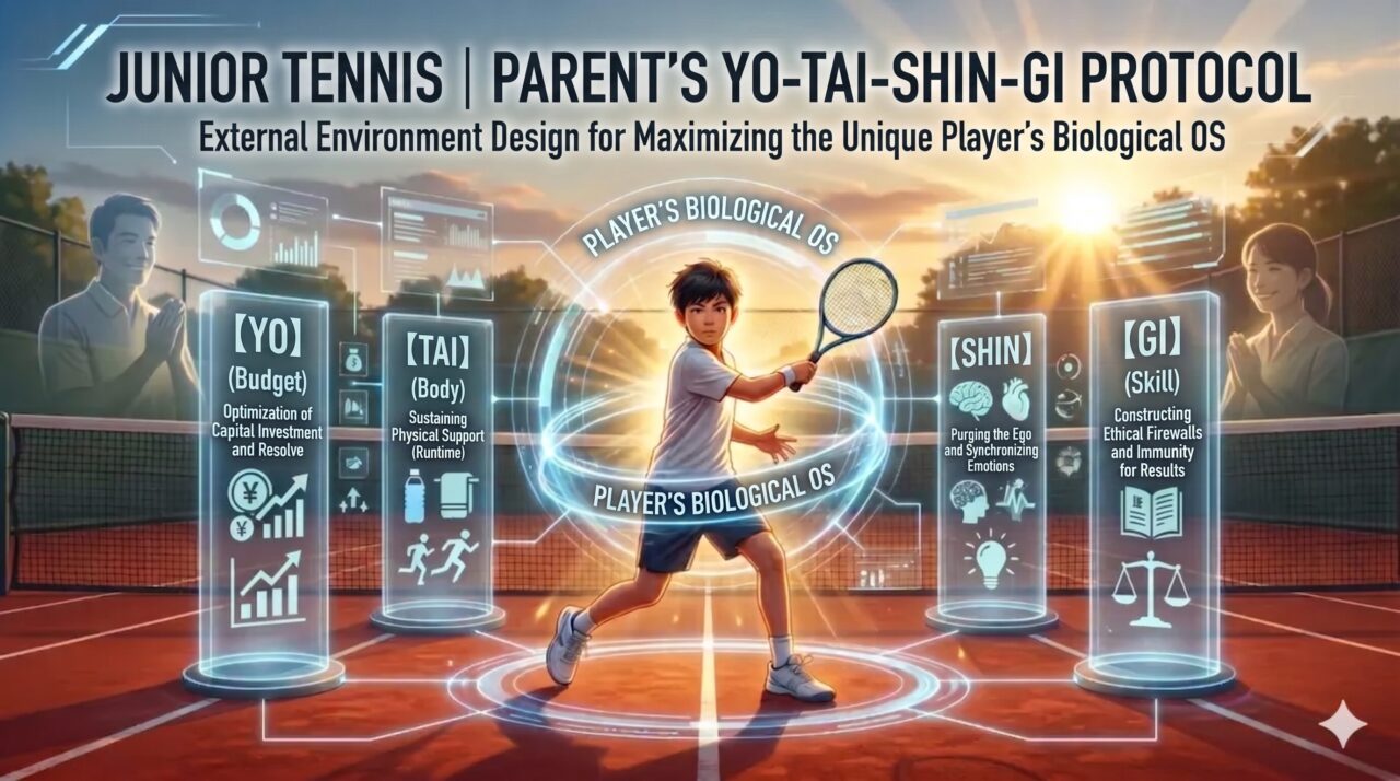 A cinematic and technical illustration of a junior tennis player in action on a clay court at sunset, surrounded by four holographic pillars representing the "Parent's Yo-Tai-Shin-Gi Protocol." Each pillar details a critical support dimension: "YO (Budget)" for capital investment, "TAI (Body)" for physical runtime support, "SHIN" for purging ego and synchronizing emotions, and "GI (Skill)" for ethical firewalls and immunity for results. The central HUD emphasizes "PLAYER'S BIOLOGICAL OS," while the header clarifies the "External Environment Design for Maximizing the Unique Player's Biological OS," visualizing a perfectly governed support infrastructure for athletic evolution.
