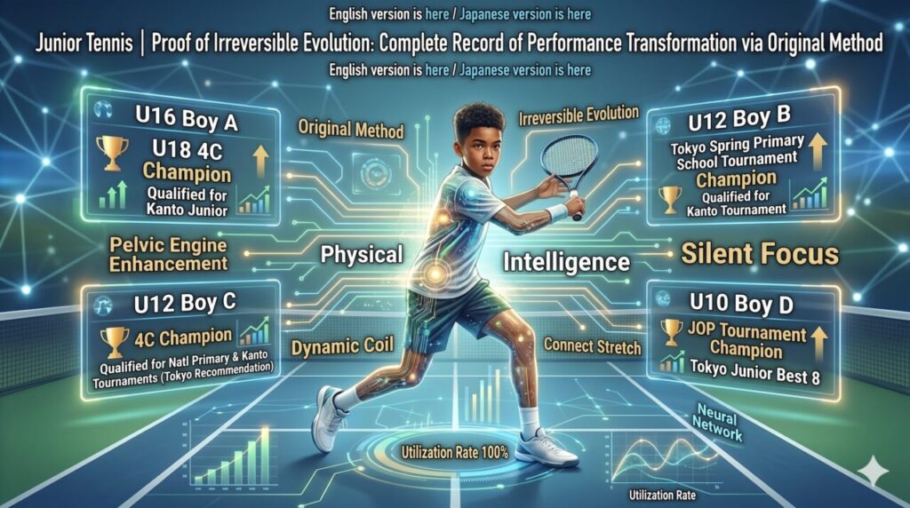 Infographic titled "Junior Tennis | Proof of Irreversible Evolution" showing performance results of an original coaching method. Features a futuristic tennis player surrounded by technical terms like Pelvic Engine Enhancement and achievements of four junior players from U10 to U16 categories.