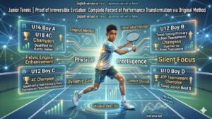 Infographic titled "Junior Tennis | Proof of Irreversible Evolution" showing performance results of an original coaching method. Features a futuristic tennis player surrounded by technical terms like Pelvic Engine Enhancement and achievements of four junior players from U10 to U16 categories.