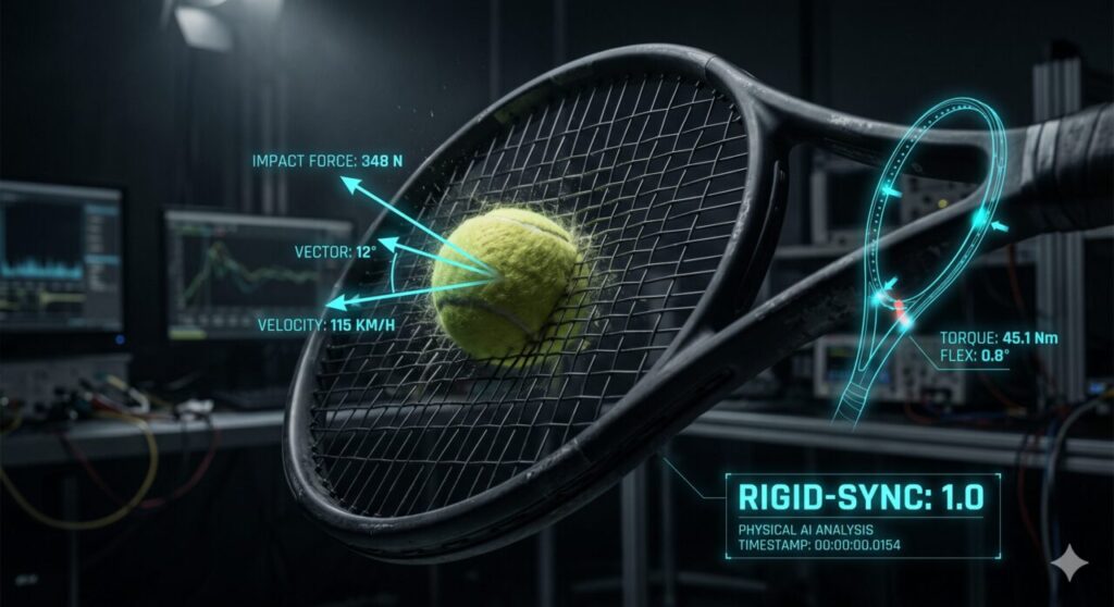 An incredibly detailed, deep-tech scientific visualization superimposed over a dark photograph of a tennis racket and compressed tennis ball at the precise moment of impact. Glowing cyan digital data, vector diagrams, and analysis text fill the screen. At the deforming string bed impact, an arrow diagram indicates force and speed with labels: "IMPACT FORCE: 348 N", "VECTOR: 12°", and "VELOCITY: 115 KM/H". Along the racket's throat and grip, graphical overlays analyze frame physics, showing "TORQUE: 45.1 Nm" and "FLEX: 0.8°". Cluttered laboratory benches with computer monitors displaying graphs are in the dark background. A prominent status box in the bottom-right reads: "RIGID-SYNC: 1.0", "PHYSICAL AI ANALYSIS", and "TIMESTAMP: 00:00:00.0154". This creates a complex physical data interface.