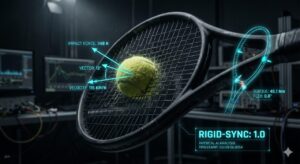 An incredibly detailed, deep-tech scientific visualization superimposed over a dark photograph of a tennis racket and compressed tennis ball at the precise moment of impact. Glowing cyan digital data, vector diagrams, and analysis text fill the screen. At the deforming string bed impact, an arrow diagram indicates force and speed with labels: "IMPACT FORCE: 348 N", "VECTOR: 12°", and "VELOCITY: 115 KM/H". Along the racket's throat and grip, graphical overlays analyze frame physics, showing "TORQUE: 45.1 Nm" and "FLEX: 0.8°". Cluttered laboratory benches with computer monitors displaying graphs are in the dark background. A prominent status box in the bottom-right reads: "RIGID-SYNC: 1.0", "PHYSICAL AI ANALYSIS", and "TIMESTAMP: 00:00:00.0154". This creates a complex physical data interface.