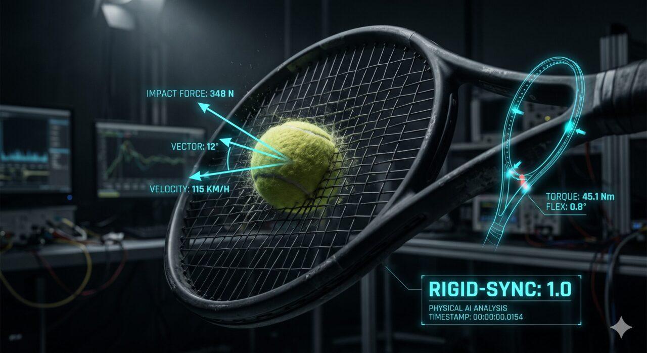 ジュニアテニスにおけるPhysical AI解析。剛体同期（Rigid-Sync）によるエネルギー伝達効率（η）1.0への漸近と、マスターOSの論理を象徴する、デジタル・テレメトリがオーバーレイされたラケットのインパクト瞬間。
