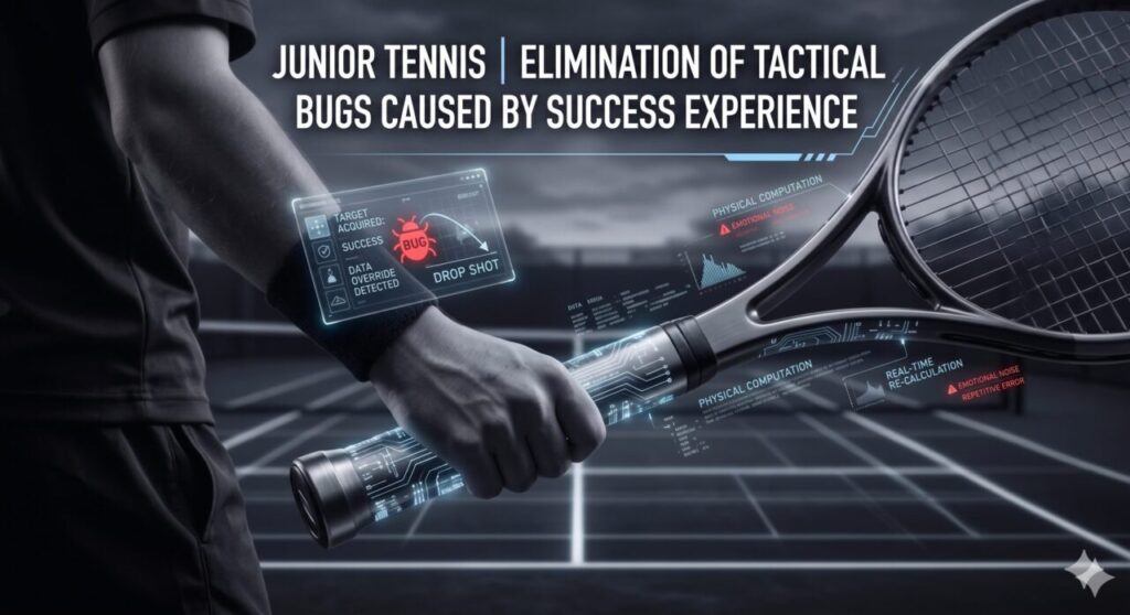 A close-up, high-tech visual of a tennis player's hand gripping a racket, integrated with a digital interface. A holographic window displays a "BUG" alert over a "DROP SHOT" icon, with the status "DATA OVERRIDE DETECTED," symbolizing how a recent success has illegally overwritten the player's tactical priority. Digital circuitry glows on the racket handle, showing "PHYSICAL COMPUTATION" and "REAL-TIME RE-CALCULATION" metrics. The background features a dark, professional tennis court, emphasizing the elimination of tactical errors caused by "SUCCESS EXPERIENCE" through systemic governance.