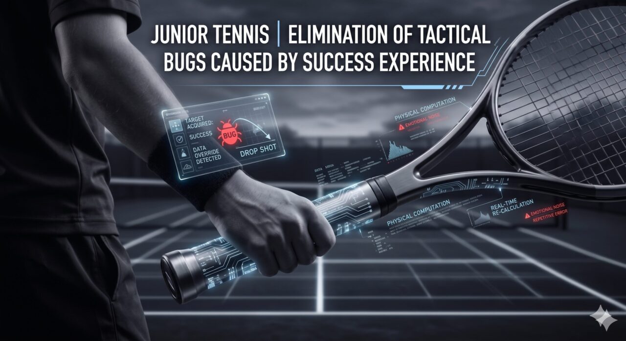 A close-up, high-tech visual of a tennis player's hand gripping a racket, integrated with a digital interface. A holographic window displays a "BUG" alert over a "DROP SHOT" icon, with the status "DATA OVERRIDE DETECTED," symbolizing how a recent success has illegally overwritten the player's tactical priority. Digital circuitry glows on the racket handle, showing "PHYSICAL COMPUTATION" and "REAL-TIME RE-CALCULATION" metrics. The background features a dark, professional tennis court, emphasizing the elimination of tactical errors caused by "SUCCESS EXPERIENCE" through systemic governance.
