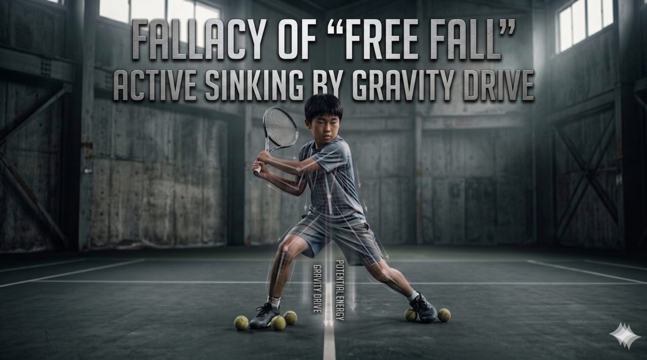 A technical diagram of a junior tennis player in a dark, industrial indoor court, illustrating the "Gravity Drive" biomechanical concept. The player is in a wide, low stance during a backhand preparation. Overlaying the image are gray metallic text and arrows: the main title reads "FALLACY OF 'FREE FALL' / ACTIVE SINKING BY GRAVITY DRIVE." Vertical arrows pointing downward are labeled "POTENTIAL ENERGY" and "GRAVITY DRIVE," indicating the active use of gravitational force to load energy into the body's tensegrity structure rather than simple relaxation.