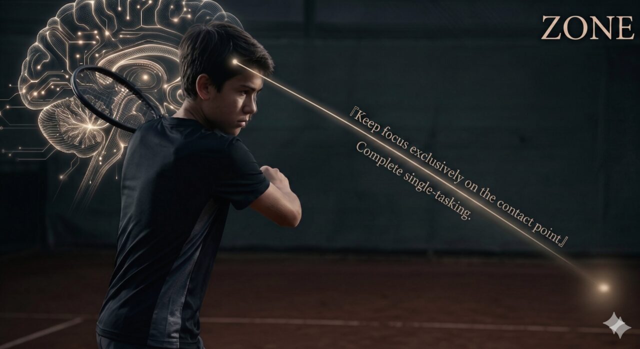 Conceptual image of a junior tennis player in a backswing, with a glowing neural network of the brain and a light ray pointing to the contact point, representing "Keep focus exclusively on the contact point" and "Complete single-tasking" for entering the zone.