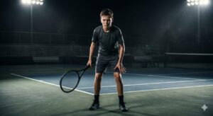 A junior tennis player in dark kit standing focused with eyes closed, performing a physical interrupt to reset his mental state on a floodlit night tennis court, holding a matte black racket.