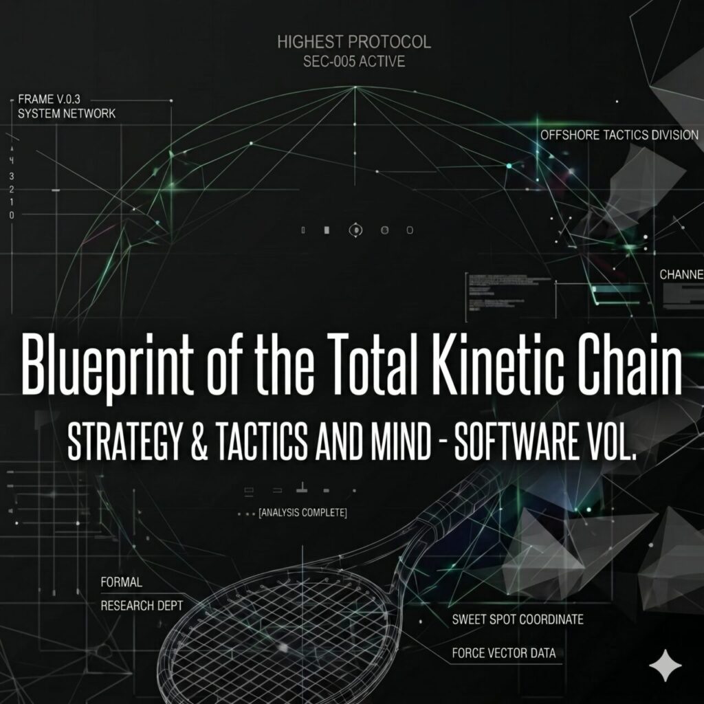 A technical schematic and blueprint for "Total Kinetic Chain," presented as a futuristic digital display on a dark background with green glowing network lines and grid patterns. The center features large, clean text that reads: **Blueprint of the Total Kinetic Chain** **STRATEGY & TACTICS AND MIND - SOFTWARE VOL.** Surrounding this main title are various technical data points, labels, and small graphs or diagrams related to analyzing a tennis stroke: * **Top Center:** "HIGHEST PROTOCOL", "SEC-005 ACTIVE" * **Top Left:** "FRAME V.0.3", "SYSTEM NETWORK", and a vertical axis labeled 0 to 4. * **Top Right:** "OFFSHORE TACTICS DIVISION", "CHANNEL" * **Bottom Center:** "[ANALYSIS COMPLETE]" * **Bottom Left:** A wireframe diagram of a tennis racket with the label "FORMAL RESEARCH DEPT." * **Bottom Right:** Labels pointing to specific parts of the racket: "SWEET SPOT COORDINATE", "FORCE VECTOR DATA". A small four-pointed star icon is in the very bottom right corner. The overall impression is one of complex, high-tech athletic performance analysis.