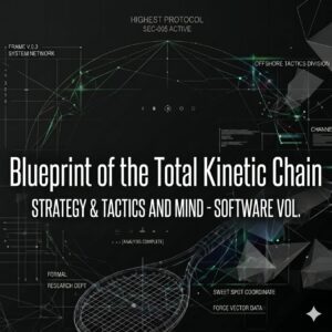 A technical schematic and blueprint for "Total Kinetic Chain," presented as a futuristic digital display on a dark background with green glowing network lines and grid patterns. The center features large, clean text that reads: **Blueprint of the Total Kinetic Chain** **STRATEGY & TACTICS AND MIND - SOFTWARE VOL.** Surrounding this main title are various technical data points, labels, and small graphs or diagrams related to analyzing a tennis stroke: * **Top Center:** "HIGHEST PROTOCOL", "SEC-005 ACTIVE" * **Top Left:** "FRAME V.0.3", "SYSTEM NETWORK", and a vertical axis labeled 0 to 4. * **Top Right:** "OFFSHORE TACTICS DIVISION", "CHANNEL" * **Bottom Center:** "[ANALYSIS COMPLETE]" * **Bottom Left:** A wireframe diagram of a tennis racket with the label "FORMAL RESEARCH DEPT." * **Bottom Right:** Labels pointing to specific parts of the racket: "SWEET SPOT COORDINATE", "FORCE VECTOR DATA". A small four-pointed star icon is in the very bottom right corner. The overall impression is one of complex, high-tech athletic performance analysis.