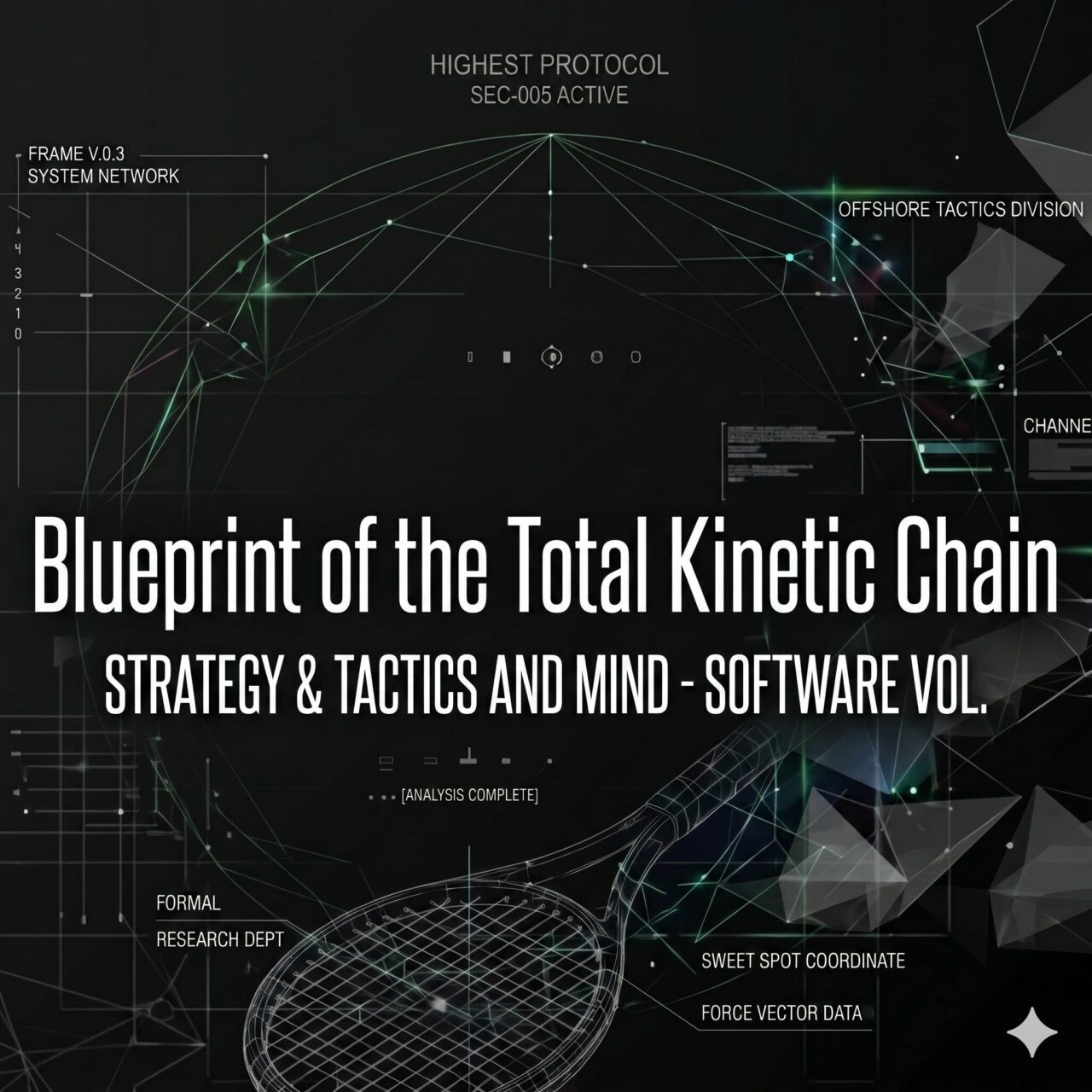 A technical schematic and blueprint for "Total Kinetic Chain," presented as a futuristic digital display on a dark background with green glowing network lines and grid patterns. The center features large, clean text that reads: **Blueprint of the Total Kinetic Chain** **STRATEGY & TACTICS AND MIND - SOFTWARE VOL.** Surrounding this main title are various technical data points, labels, and small graphs or diagrams related to analyzing a tennis stroke: * **Top Center:** "HIGHEST PROTOCOL", "SEC-005 ACTIVE" * **Top Left:** "FRAME V.0.3", "SYSTEM NETWORK", and a vertical axis labeled 0 to 4. * **Top Right:** "OFFSHORE TACTICS DIVISION", "CHANNEL" * **Bottom Center:** "[ANALYSIS COMPLETE]" * **Bottom Left:** A wireframe diagram of a tennis racket with the label "FORMAL RESEARCH DEPT." * **Bottom Right:** Labels pointing to specific parts of the racket: "SWEET SPOT COORDINATE", "FORCE VECTOR DATA". A small four-pointed star icon is in the very bottom right corner. The overall impression is one of complex, high-tech athletic performance analysis.