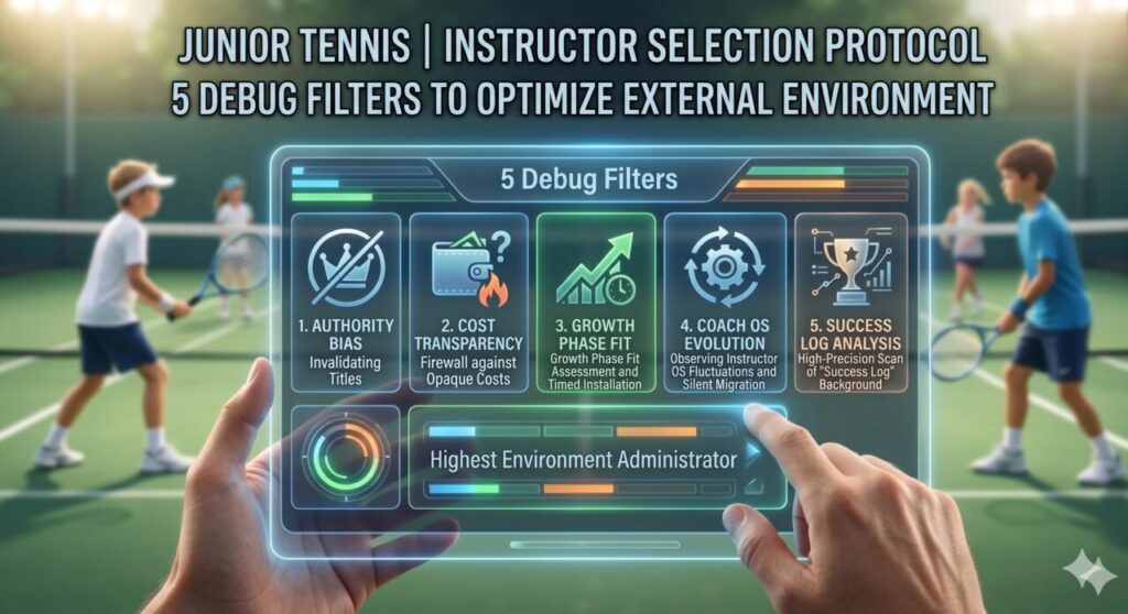 A first-person perspective (POV) of a parent's hands holding a futuristic digital tablet titled "5 Debug Filters," overlaid on a blurred background of junior tennis players practicing on a court. The tablet interface features a high-tech HUD for the "Instructor Selection Protocol," displaying five distinct modules: "1. AUTHORITY BIAS (Invalidating Titles)," "2. COST TRANSPARENCY (Firewall against Opaque Costs)," "3. GROWTH PHASE FIT (Growth Phase Fit Assessment and Timed Installation)," "4. COACH OS EVOLUTION (Observing Instructor OS Fluctuations and Silent Migration)," and "5. SUCCESS LOG ANALYSIS (High-Precision Scan of 'Success Log' Background)." A status bar at the bottom identifies the user as the "Highest Environment Administrator," symbolizing the cold, analytical governance required to optimize the player's external infrastructure.