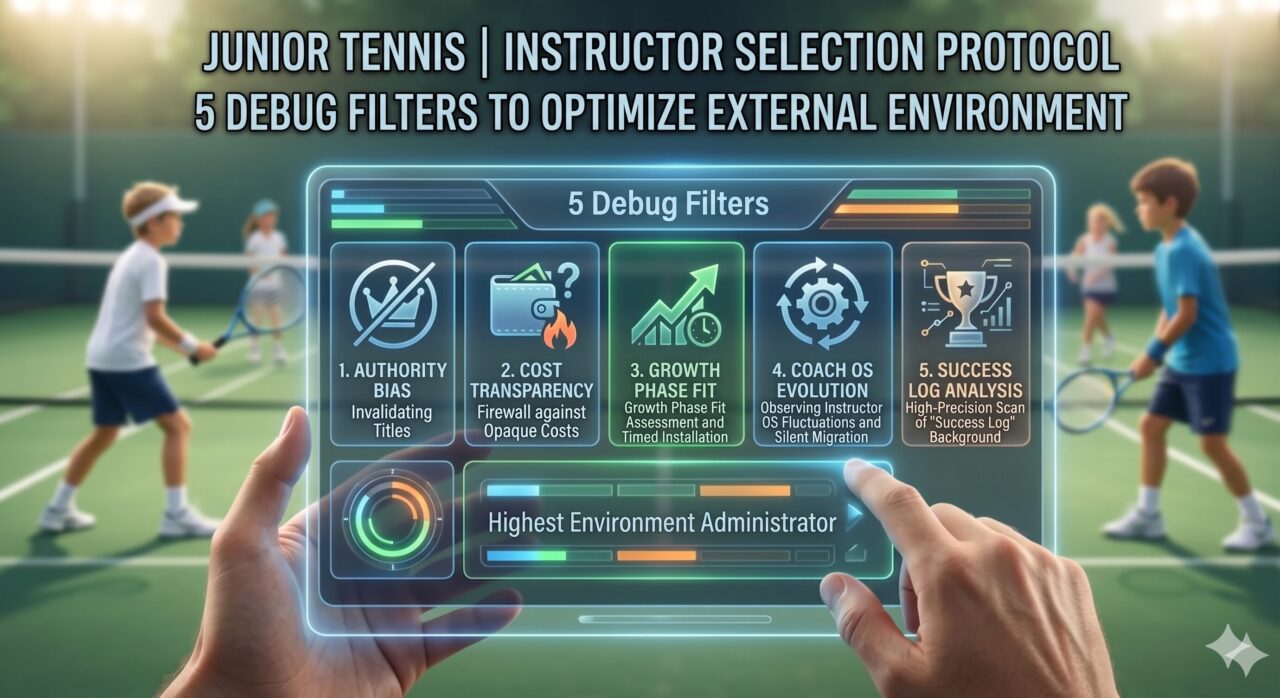 A first-person perspective (POV) of a parent's hands holding a futuristic digital tablet titled "5 Debug Filters," overlaid on a blurred background of junior tennis players practicing on a court. The tablet interface features a high-tech HUD for the "Instructor Selection Protocol," displaying five distinct modules: "1. AUTHORITY BIAS (Invalidating Titles)," "2. COST TRANSPARENCY (Firewall against Opaque Costs)," "3. GROWTH PHASE FIT (Growth Phase Fit Assessment and Timed Installation)," "4. COACH OS EVOLUTION (Observing Instructor OS Fluctuations and Silent Migration)," and "5. SUCCESS LOG ANALYSIS (High-Precision Scan of 'Success Log' Background)." A status bar at the bottom identifies the user as the "Highest Environment Administrator," symbolizing the cold, analytical governance required to optimize the player's external infrastructure.