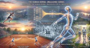 "A conceptual visualization titled 'Master OS: The Human Kernel Unleashed for All Industries.' The image features a glowing holographic human skeleton and nervous system as the central 'Master OS,' with data streams flowing into various sectors. On the left, a junior tennis match takes place, demonstrating 'Perfect Energy Transfer.' Above that, an elite athlete is shown in training. In the center, humanoid robots are working in a manufacturing facility, labeled 'Next-Gen Robotics.' On the right, elderly individuals are using medical exoskeletons in a garden, labeled 'Healthcare & Rehabilitation.' A network diagram in the center highlights technical concepts like 'Rigid-Sync,' 'Zero-Gap,' and 'Latency Suppression,' symbolizing the integration of human physical control protocols across all industries."