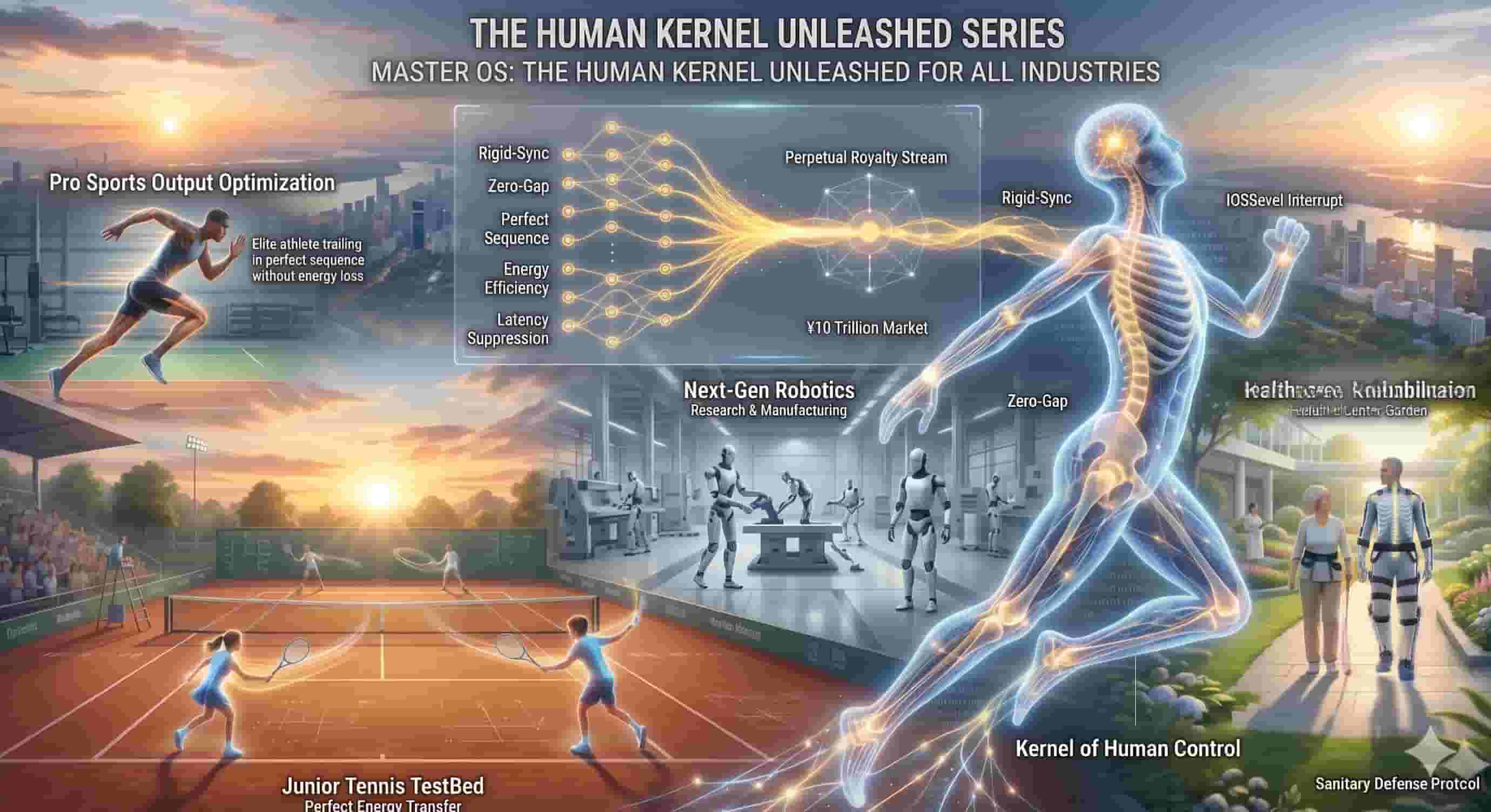 "A conceptual visualization titled 'Master OS: The Human Kernel Unleashed for All Industries.' The image features a glowing holographic human skeleton and nervous system as the central 'Master OS,' with data streams flowing into various sectors. On the left, a junior tennis match takes place, demonstrating 'Perfect Energy Transfer.' Above that, an elite athlete is shown in training. In the center, humanoid robots are working in a manufacturing facility, labeled 'Next-Gen Robotics.' On the right, elderly individuals are using medical exoskeletons in a garden, labeled 'Healthcare & Rehabilitation.' A network diagram in the center highlights technical concepts like 'Rigid-Sync,' 'Zero-Gap,' and 'Latency Suppression,' symbolizing the integration of human physical control protocols across all industries."