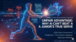 A digital, wireframe-style illustration of a junior tennis player performing a serve. The image incorporates technical data overlays, including "50ms AI CRITICAL LIMIT" on the left and "0.004 sec" at the point of impact on the racket. Text on the image reads, "UNFAIR ADVANTAGE: WHY AI CAN'T BEAT A JUNIOR'S TRUE SERVE," accompanied by terms like "Constraint Graph," "State Space," and "Rigid-Sync Manifold." The background features mathematical formulas and code snippets, emphasizing a theme of biomechanical efficiency versus AI latency.