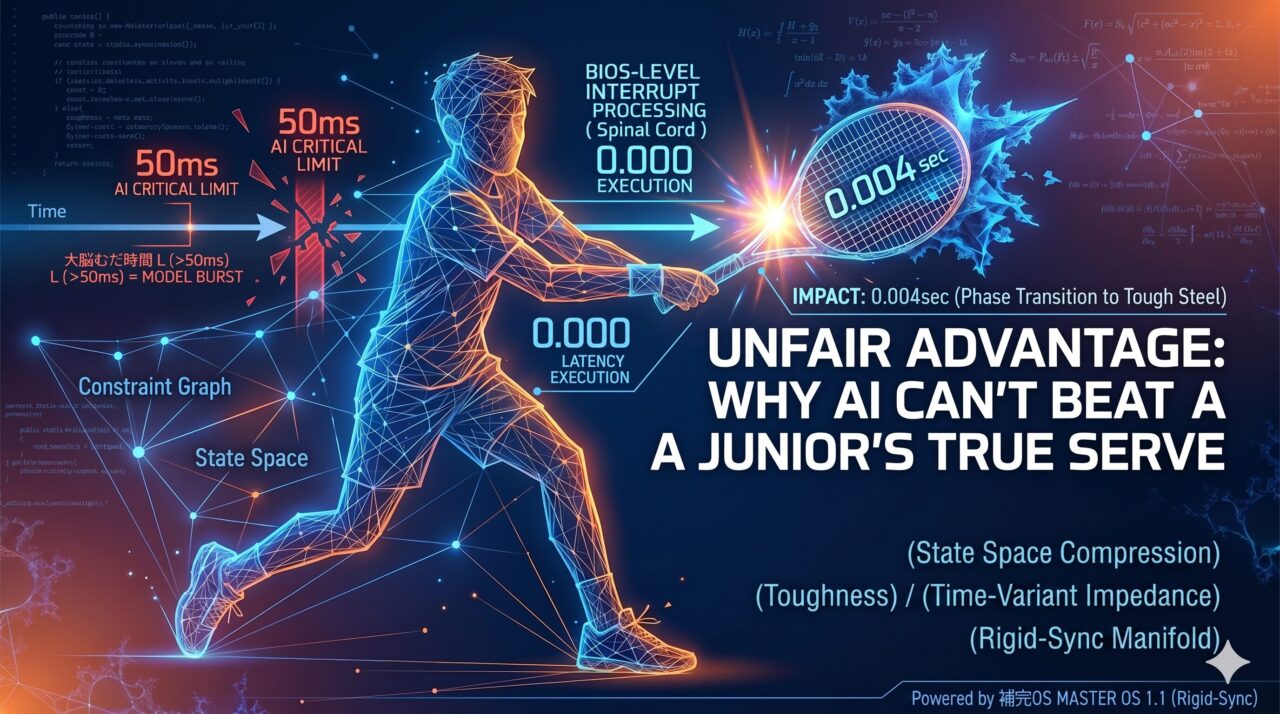 A digital, wireframe-style illustration of a junior tennis player performing a serve. The image incorporates technical data overlays, including "50ms AI CRITICAL LIMIT" on the left and "0.004 sec" at the point of impact on the racket. Text on the image reads, "UNFAIR ADVANTAGE: WHY AI CAN'T BEAT A JUNIOR'S TRUE SERVE," accompanied by terms like "Constraint Graph," "State Space," and "Rigid-Sync Manifold." The background features mathematical formulas and code snippets, emphasizing a theme of biomechanical efficiency versus AI latency.