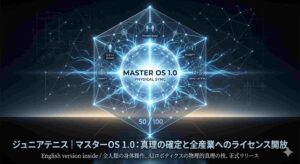 青白く光る球体の核（MASTER OS 1.0 PHYSICAL SYNC）を中心に、幾何学的なデータネットワークが広がるサイバーテクノロジーの背景グラフィック。下部には「ジュニアテニス｜マスターOS 1.0：真理の確定と全産業へのライセンス開放」のタイトル文字が配置されている。