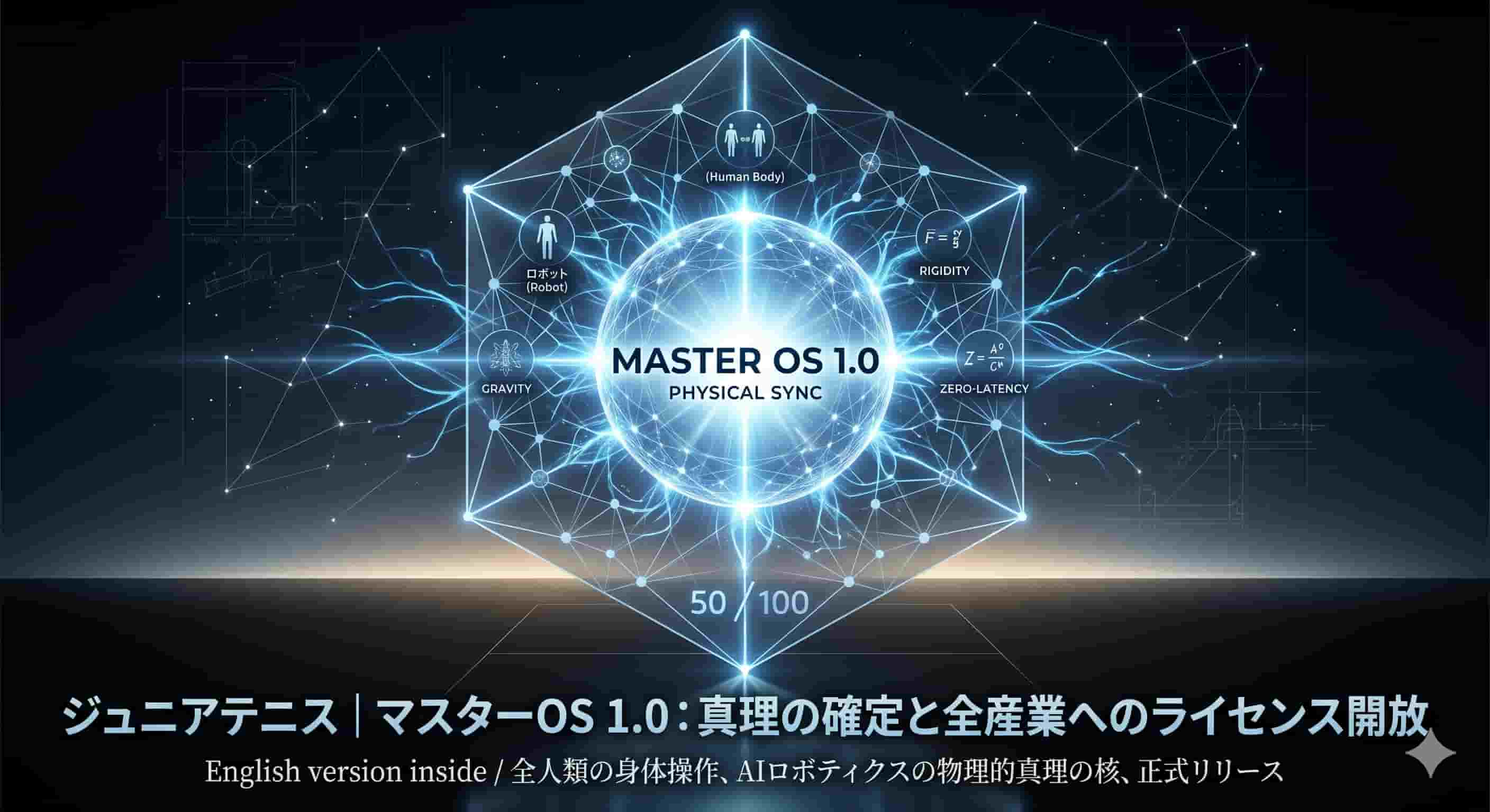 青白く光る球体の核（MASTER OS 1.0 PHYSICAL SYNC）を中心に、幾何学的なデータネットワークが広がるサイバーテクノロジーの背景グラフィック。下部には「ジュニアテニス｜マスターOS 1.0：真理の確定と全産業へのライセンス開放」のタイトル文字が配置されている。