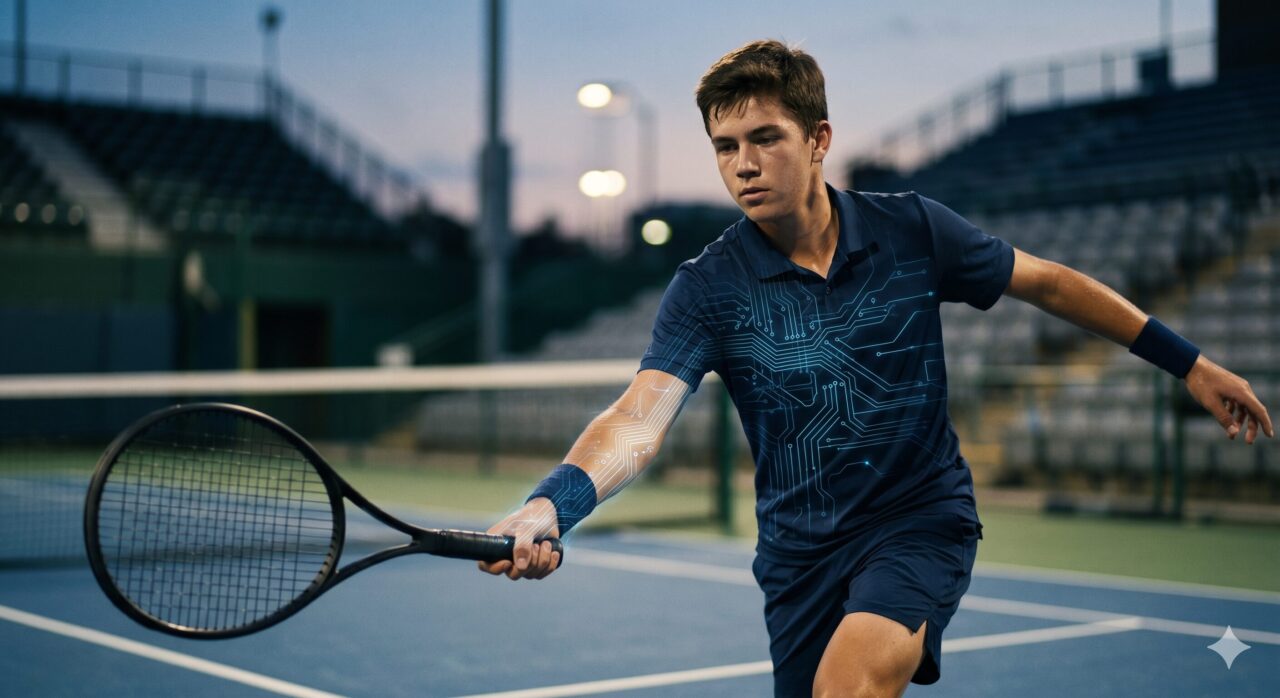 A young male tennis player in motion on an outdoor court at dusk. Glowing blue electronic circuit board patterns are overlayed on his right arm and chest, symbolizing the integration of AI performance optimization and human physiology, a visual representation of the "body's BIOS" concept.