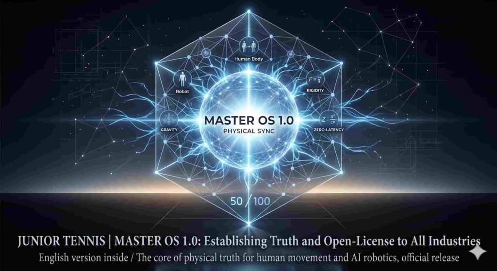 "A futuristic, scientific infographic titled 'MASTER OS 1.0: PHYSICAL SYNC,' featuring a central glowing sphere connected to a hexagonal network. Surrounding the sphere are icons representing core principles: 'Human Body,' 'Robot,' 'RIGIDITY' (with formula $F=f/g$), 'ZERO-LATENCY' (with formula $Z=A^0/CP$), and 'GRAVITY.' At the bottom, text reads 'JUNIOR TENNIS | MASTER OS 1.0: Establishing Truth and Open-License to All Industries. The core of physical truth for human movement and AI robotics, official release,' with a score counter of '50/100' visible."