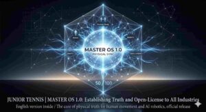"A futuristic, scientific infographic titled 'MASTER OS 1.0: PHYSICAL SYNC,' featuring a central glowing sphere connected to a hexagonal network. Surrounding the sphere are icons representing core principles: 'Human Body,' 'Robot,' 'RIGIDITY' (with formula $F=f/g$), 'ZERO-LATENCY' (with formula $Z=A^0/CP$), and 'GRAVITY.' At the bottom, text reads 'JUNIOR TENNIS | MASTER OS 1.0: Establishing Truth and Open-License to All Industries. The core of physical truth for human movement and AI robotics, official release,' with a score counter of '50/100' visible."