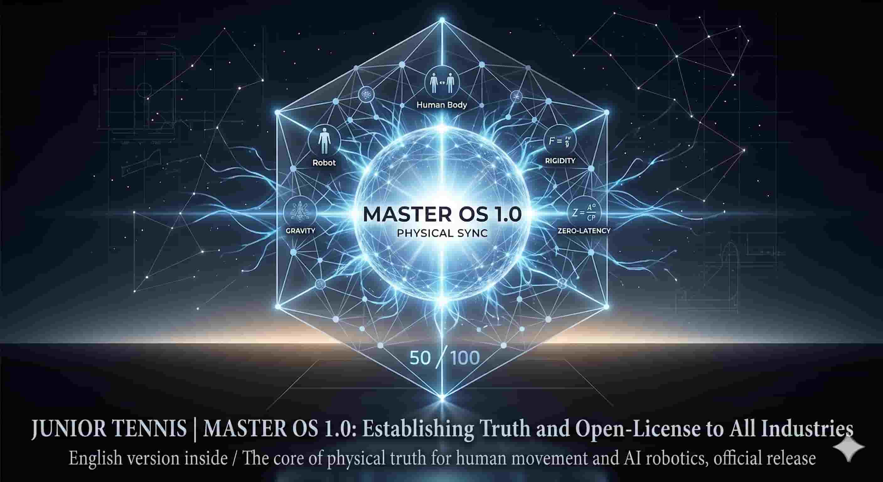 "A futuristic, scientific infographic titled 'MASTER OS 1.0: PHYSICAL SYNC,' featuring a central glowing sphere connected to a hexagonal network. Surrounding the sphere are icons representing core principles: 'Human Body,' 'Robot,' 'RIGIDITY' (with formula $F=f/g$), 'ZERO-LATENCY' (with formula $Z=A^0/CP$), and 'GRAVITY.' At the bottom, text reads 'JUNIOR TENNIS | MASTER OS 1.0: Establishing Truth and Open-License to All Industries. The core of physical truth for human movement and AI robotics, official release,' with a score counter of '50/100' visible."