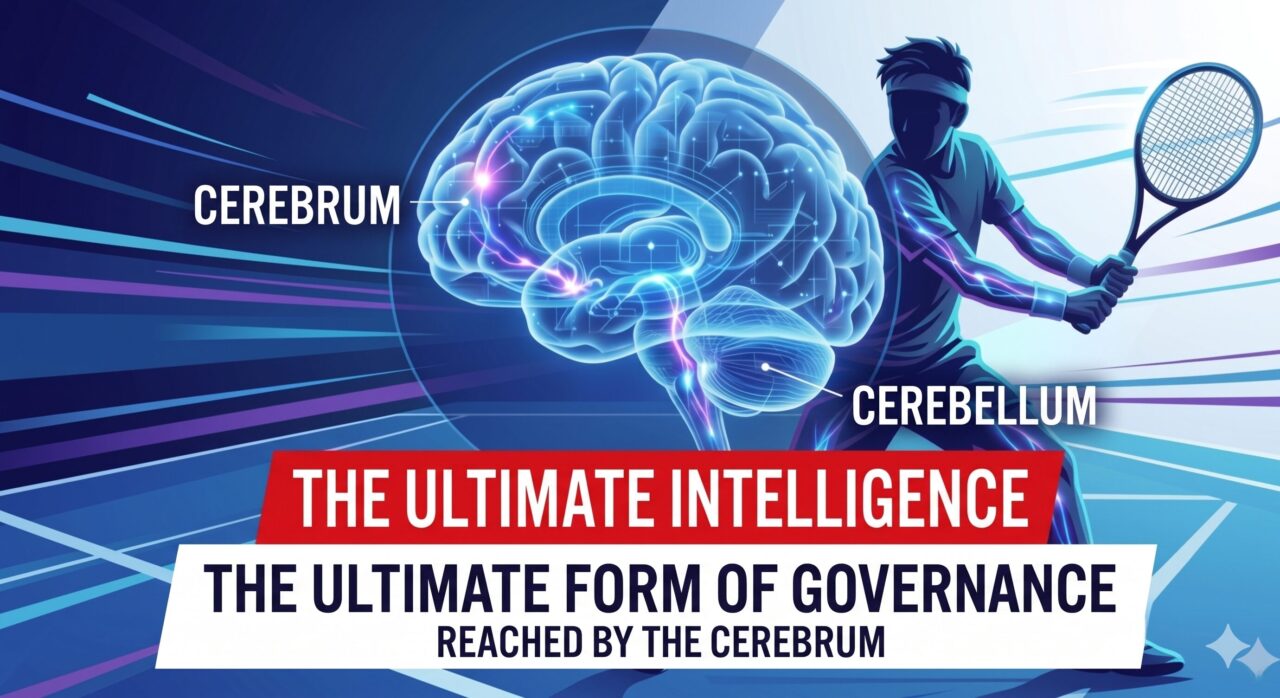 An educational illustration for junior tennis players showing a human brain with "CEREBRUM" and "CEREBELLUM" labeled. The image features a tennis player in a backswing, with the text "THE ULTIMATE INTELLIGENCE" and "THE ULTIMATE FORM OF GOVERNANCE REACHED BY THE CEREBRUM" emphasizing the separation of mental strategy and physical execution.